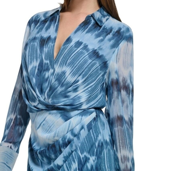 Calvin Klein blue watercolor faux wrap shirt dress sz medium - Picture 3 of 8